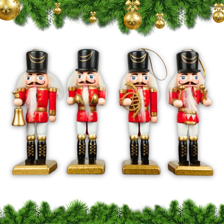 Figurina spargator de nuci, 13 cm, Lemn, Set 4 figurine, Decoratiune Craciun, lemn vopsit, stil vintage