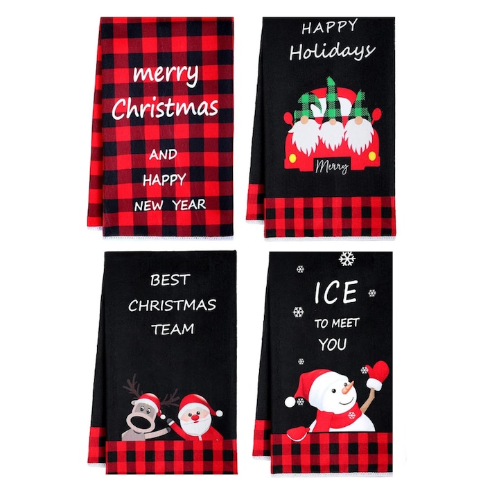 4 darab karácsonyi konyharuha szett, mikroszálas, 60 x 40 cm, piros/fekete