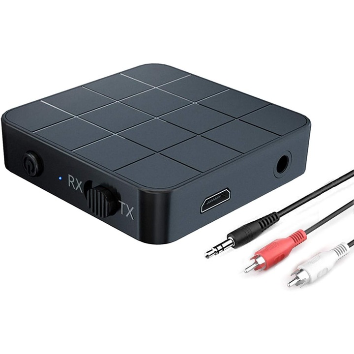Transmitator/Receptor Audio Bluetooth 5.0, Adaptor 2-in-1 Wireless pentru Sistem Audio de Casa/TV/PC/Tablet/Boxe/Casti, cu aptX Low Latency si Conexiune 3.5mm, Fara Intarzieri Audio