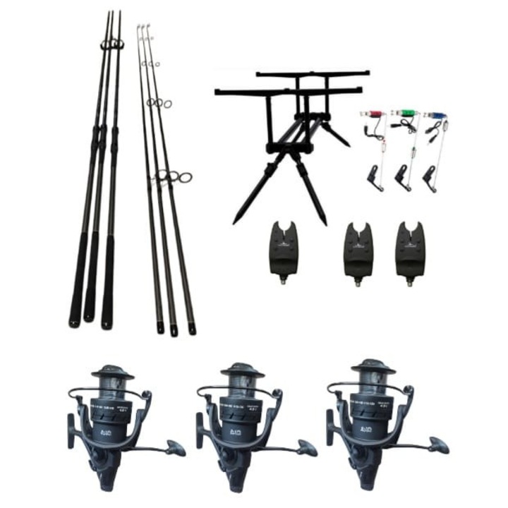Set 3 Lansete 3, 90m, 2 Segm+ 3 Mulinete Tambur 7000 Metalic cu Baitrunner, Long Cast, 9 Rulmenti, Rod Pod Echipat + 3 Role fir 0, 30mm x 500 metri