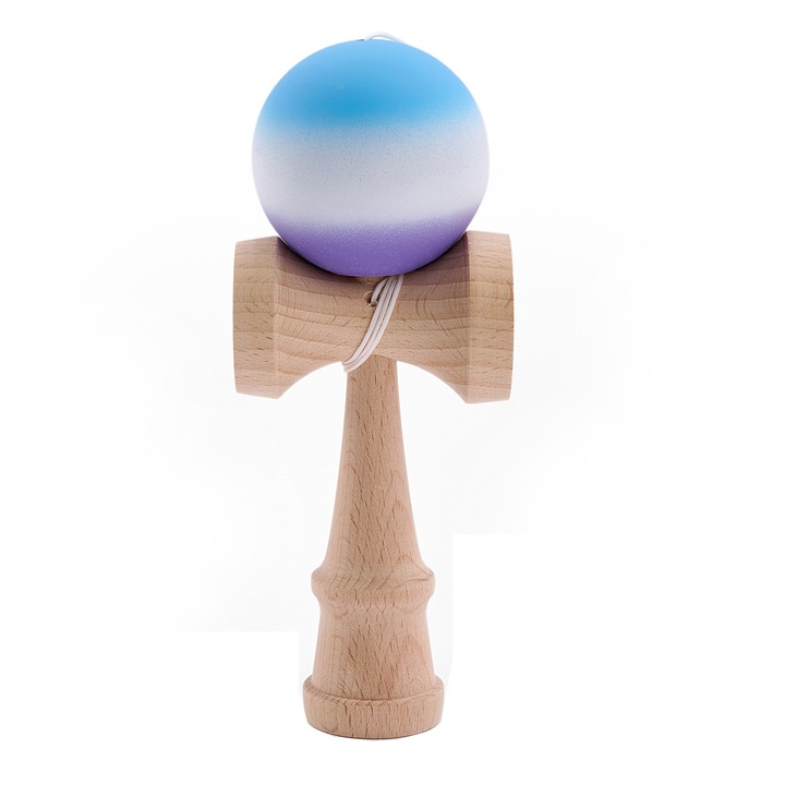 Kendama profesionala din lemn de fag 18 cm, 160 g cu bila 80 g, vopsea aderenta mata, design Blue–Purple Gradient – echilibru perfect pentru trick-uri si antrenament