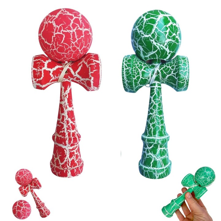 Set 2 Kendama din lemn, 18 cm, Roz/Alb si Verde/Alb, design clasic