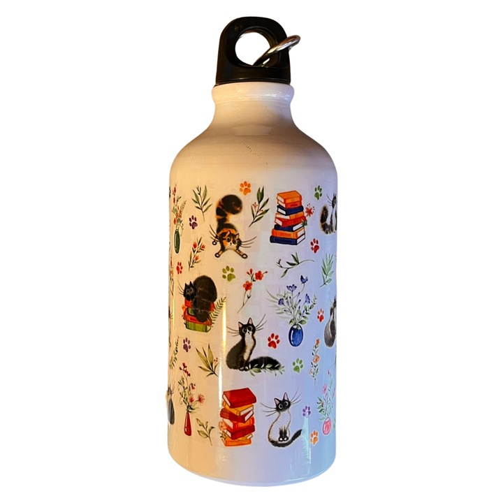 Sport fém bidon, fehér, 500ml, macska mintás, karabineres kupak
