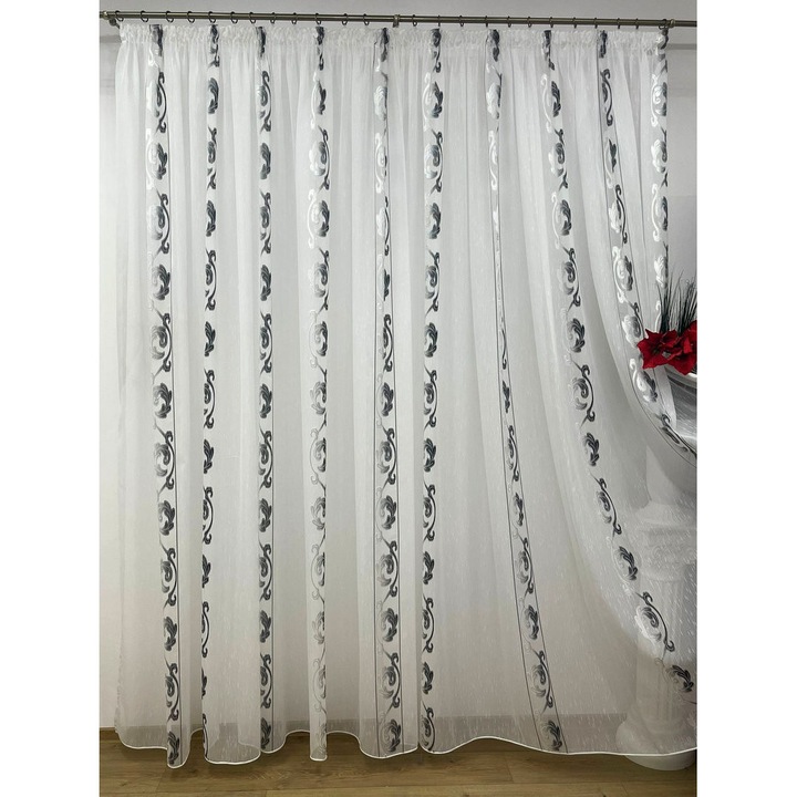 Perdea cu rejansa, brodata mecanic, culoare alb/negru, 400x245cm, din colectia "DragonTail" by Liz Line - PD0754