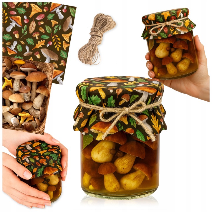 Set de Capacele Pentru Borcane Cu Sfoara de Iuta, SuperButelki, din Hartie, Accent Natural, de Padure, Model cu Ciuperci, Biodegradabile, Potrivire Universala, 13 x 13.5 cm, Multicolore, 10 Bucati