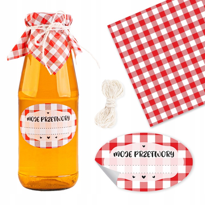 Комплект етикети и капачки за буркани, SuperButelki, хартиен материал, постоянно лепило, овална форма, червено/бял цвят, 55 мм x 90 мм, капачки 140 мм x 140 мм, многоцветни, 10 етикета, 10 капачки, 10 м канап