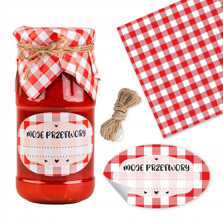 Set de Etichete si Capacele Pentru Borcane, SuperButelki, Material Hartie, Forma Ovala, Culoare Rosu in Carouri, Sfoara de Iuta 10 M, 55 Mm X 90 Mm, Multicolor, 10 Etichete, 10 Capacele