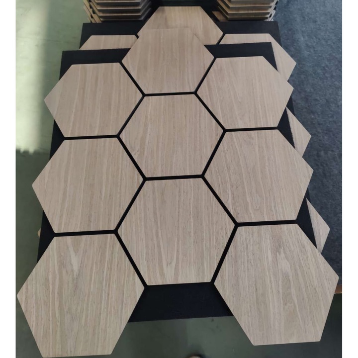 Panou acustic hexagonal MDF pe suport de pasla PET, tip panou decorativ, Aluna, 3D, impermeabil, ignifug, izolator fonic, 567x693x18 mm, 0.39 mp suprafata acoperita, APC-Hexagon Aluna