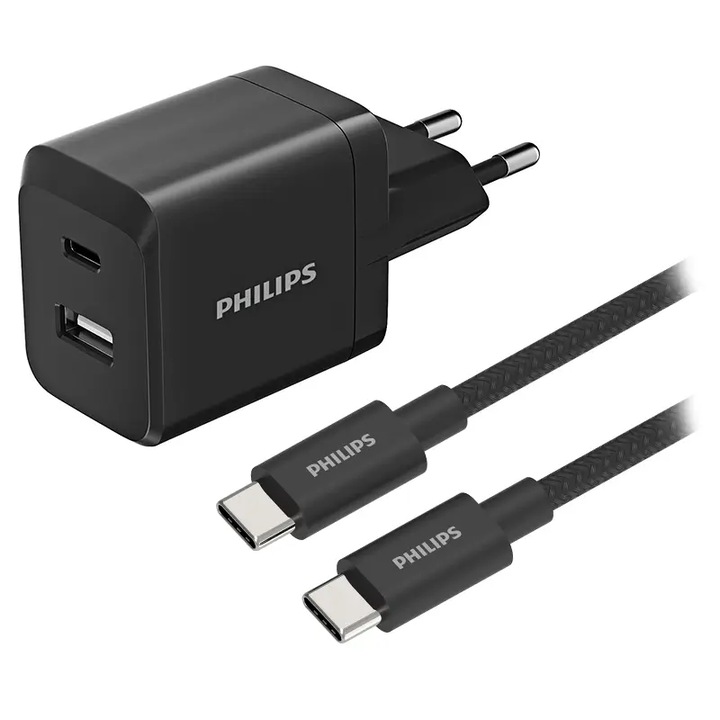 Двойно GaN мрежово зарядно USB-A + USB-C QC Power Delivery 45W PHILIPS DLP5321NB/12
