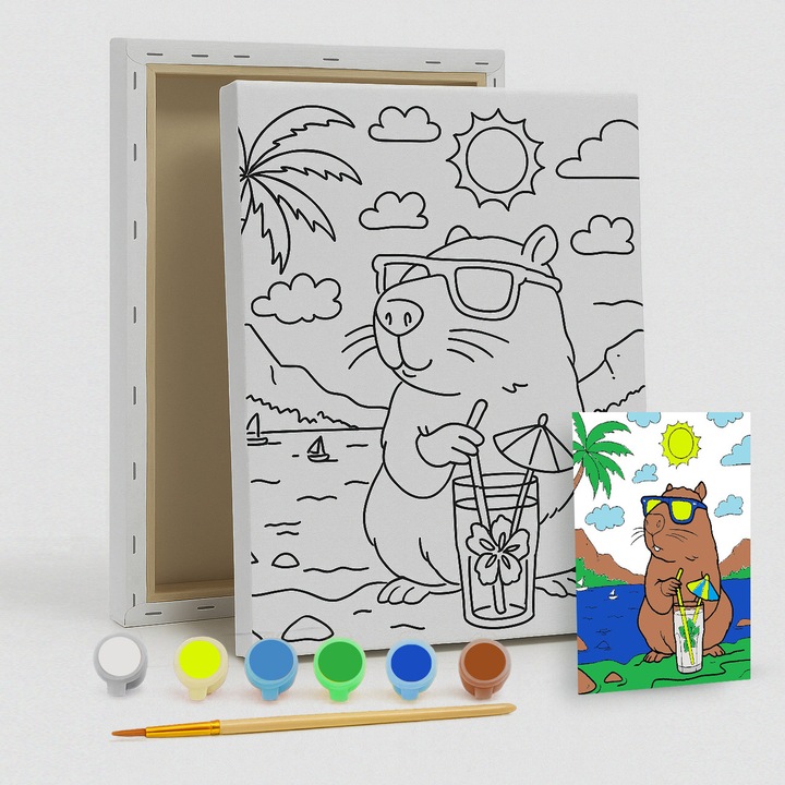 Комплект за рисуване Canvas за деца - Капибара на плажа - С референтно изображение - Ръчно рисувана картина върху платно - Включва акрилни бои и четка - 25x20 см - творческа и релаксираща дейност