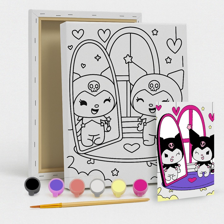 Комплект за рисуване върху платно за деца - Kuromi в огледалото - С референтно изображение - Ръчно рисувано платно за рисуване - Включва акрилни бои и четка - 25x20 см - творческа и релаксираща дейност