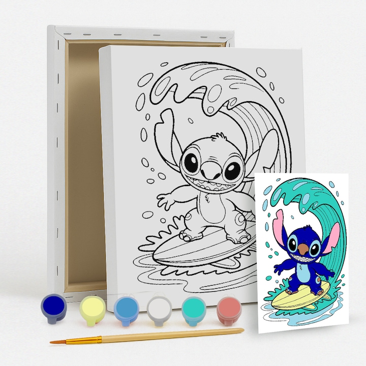 Комплект за рисуване върху платно за деца - Стич Сърфист - С референтно изображение - Ръчно рисувано платно - Включва акрилни бои и четка - 25x20 см - творческа и релаксираща дейност