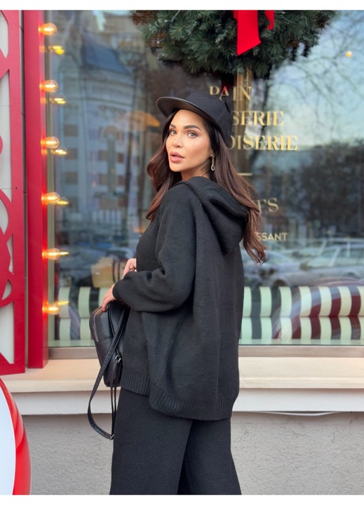 Черен плетен комплект с качулка, Един размер