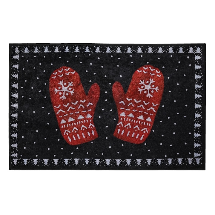 Covoras Decorativ de Craciun idealSTORE, Dimensiuni 60x90CM, Element Decorativ Manusi, Material Textil Rezistent, Aspect Elegant cu Efect Decorativ, Usor de Intretinut, Culoare Rosu/Negru