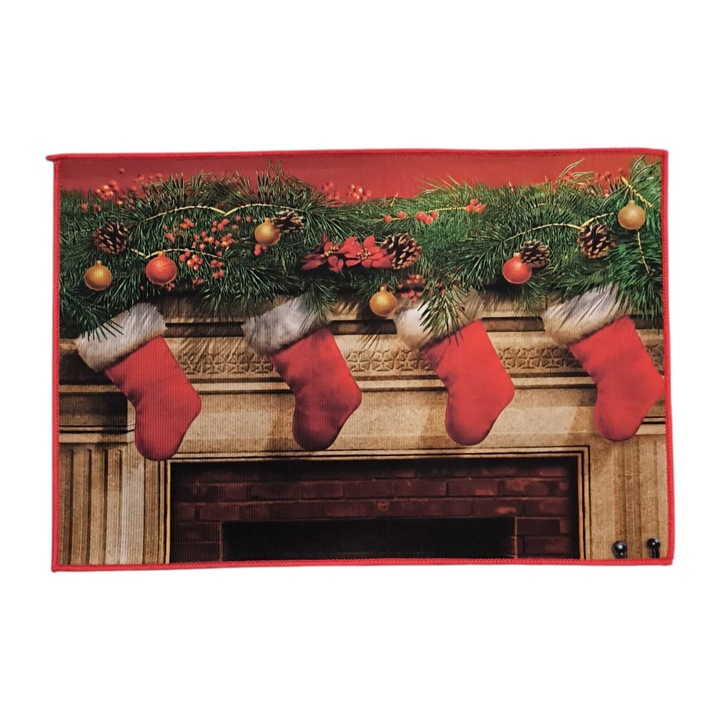 Covor usa textil, decor Craciun, 40 x 60 cm, Clini 2X-0770, 4 Sosete semineu rosii