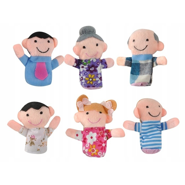 Set 6 marionete textile pentru degete cu personaje vesele, diametru 3 cm, ideale pentru joaca creativa si dezvoltarea emotionala la copii