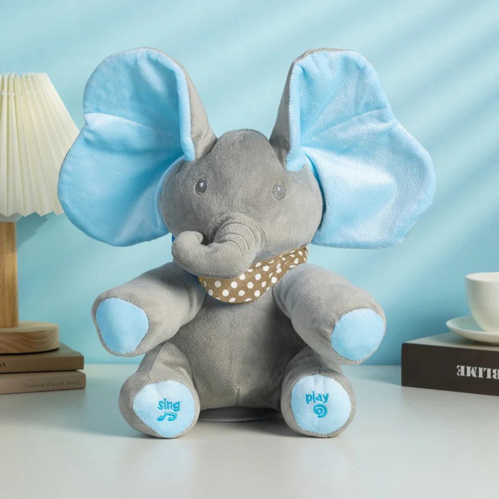 Jucarie de plus interactiva Elefant Peek-A-Boo gri cu albastru 30cm