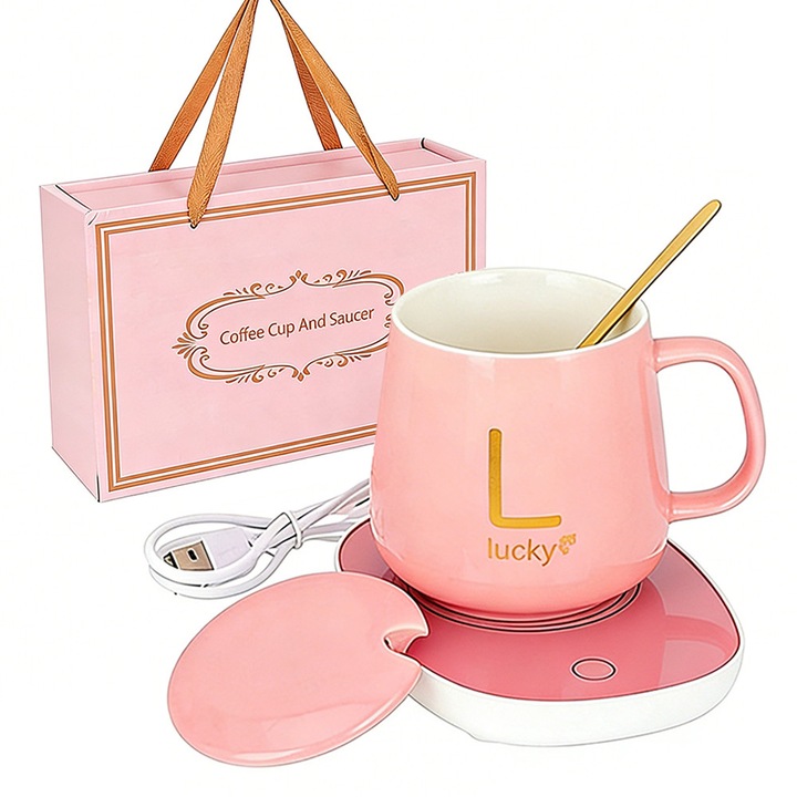 Set cadou cana ceramica cu baza incalzitor cu inductie, DONFANLIA, scris auriu Lucky, capac si lingurita, functie auto-oprire, incarcare USB, 350ml, Roz