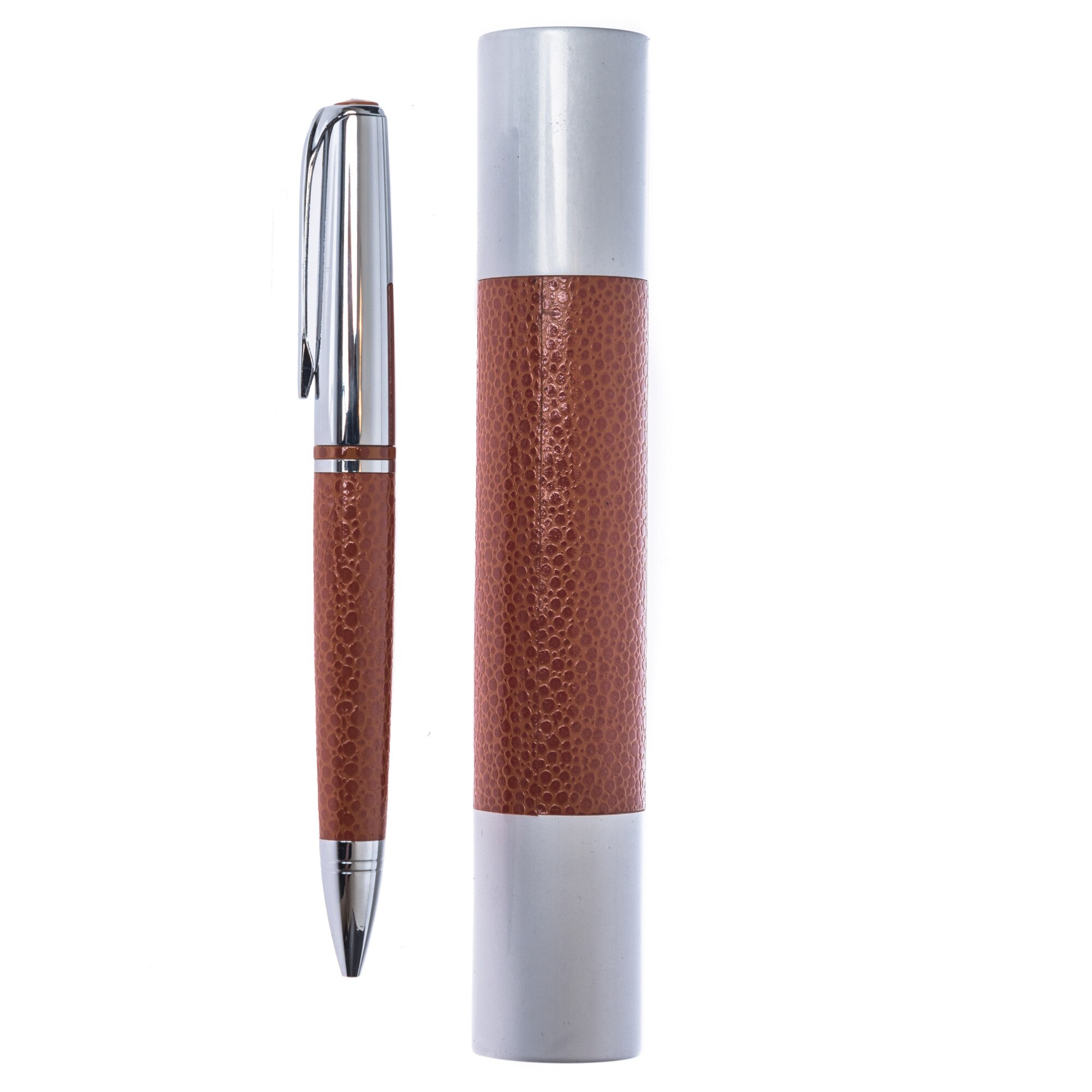 Set de scris Mabo cu pix metalic argintiu cu maro in etui tubular asortat