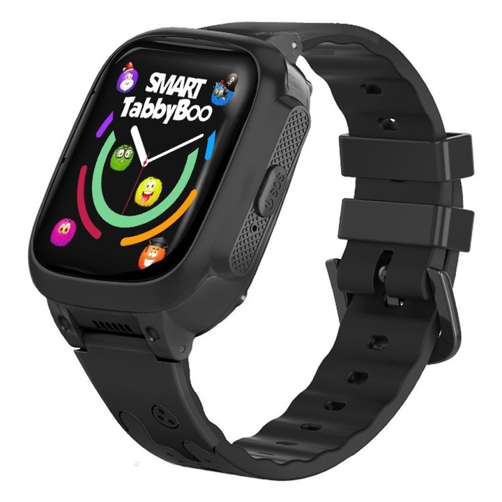 Ceas smartwatch copii SMART TabbyBoo 4G, Android, GPS 1.4 inch, temperatura copil, apel video, cu functie telefon, camera HD, wifi, Negru, buton SOS