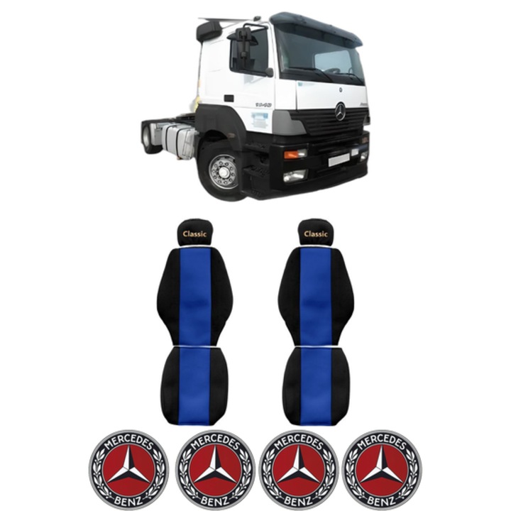 Set Huse Scaune Camion Tir MERCEDES-BENZ AXOR din 2002-2004, Auto, Model CLASSIC, Culoare Albastru, 4x Stickere auto cu MERCEDES-BENZ