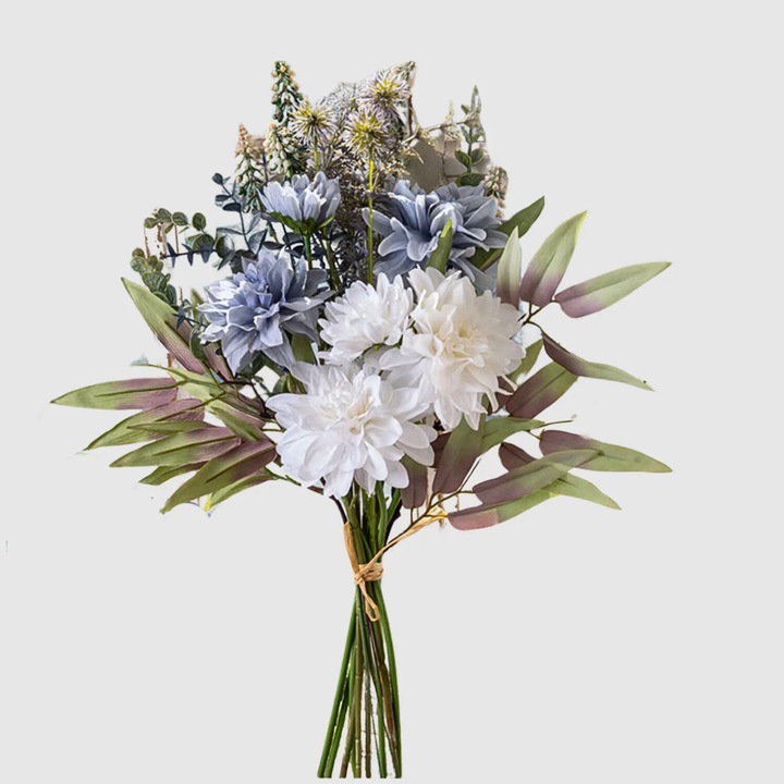 Buchet de Dalii Artificiale Albe si Albastre – Lungime 50 cm, Design Realist, Ideal pentru Decoruri Elegante