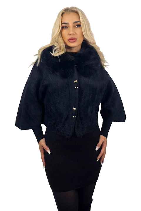 Capa cu blana eco detasabila TONYA, stilizata cu butoni metalici, Negru, Marimea universala S/M, FashionForYou