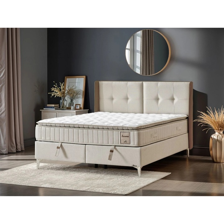 Pat Serena 160x200 cm, inaltima cadru pat 29 cm, tapitat, Pal, bej, lada de depozitare cu deschidere fara efort