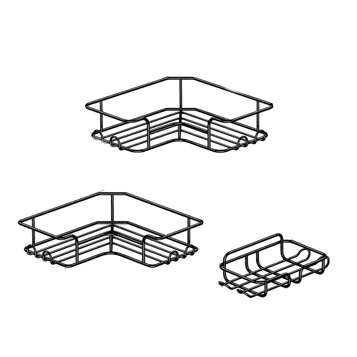 Set 3 Rafturi de Dus Elindor, Otel inoxidabil, Negru, 23x8.3x23 cm