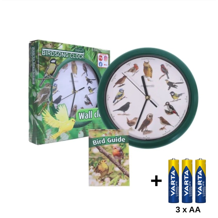 Стенен часовник Starlyf Birdsong 25 см зелен – часовник с 12 реални звука на птици, автоматично изключване през нощта, естествен дизайн, захранване с 3 батерии AA - включени