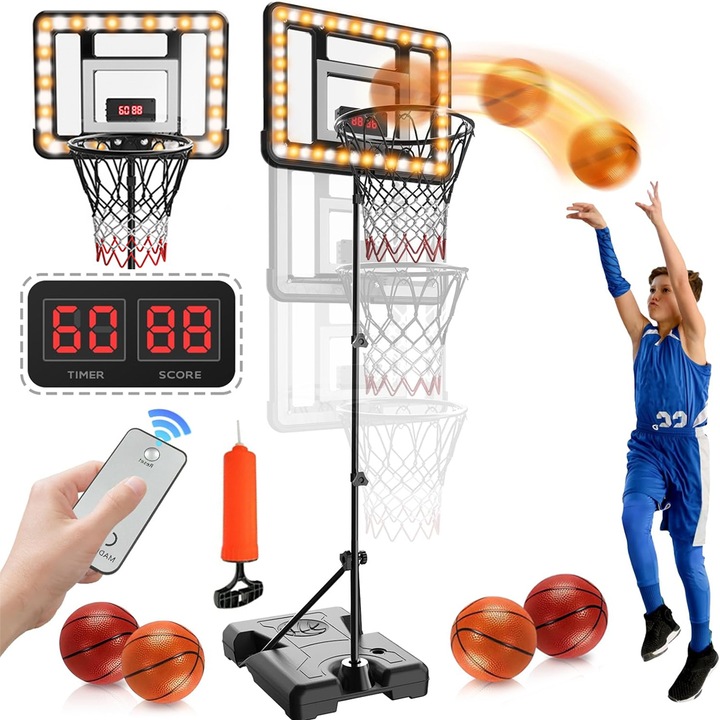 Set Cos De Baschet Portabil Copii, Tressino, Iluminare LED, 4 Inaltimi Ajustabile, Maxim179 cm, Baza Stabila Nisip Sau Apa