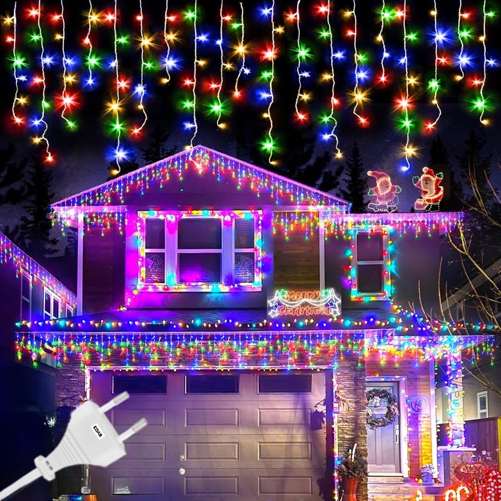 Instalatie De Craciun EDAR Model Turturi, 12 m, 300 Led-uri, Cu 8 Jocuri De Lumini, Franjuri, Pentru Exterior/Interior, Rezistent la Ploaie si Zapada, Interconectabila, Fir Transparent, Alimentare Priza, Multicolor