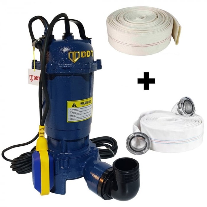 Потопяема помпа с чучур и поплавък, DDT, WQD10, 2600W + Пожарен маркуч, 20 метра, 2 инча + Пожарен маркуч 2'' 20 м, 8 бара, с муфи