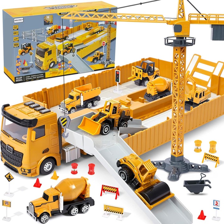 Set inginerie utilaje constructii bebeLOGIC™, Camion Transport, Macara, Tasator, Cifa, Basculanta, Buldozer, Excavator, Elevator, 42 de Accesorii, 2 Muncitori