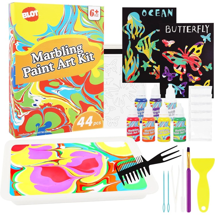 Set Pictura pe Apa pentru Copii – Kit Creativ de Marbling Paint – 7 Culori, Accesorii Complete, Non-Toxic, Ideal pentru Cadouri si Activitati Educative, Multicolor, +6 ani