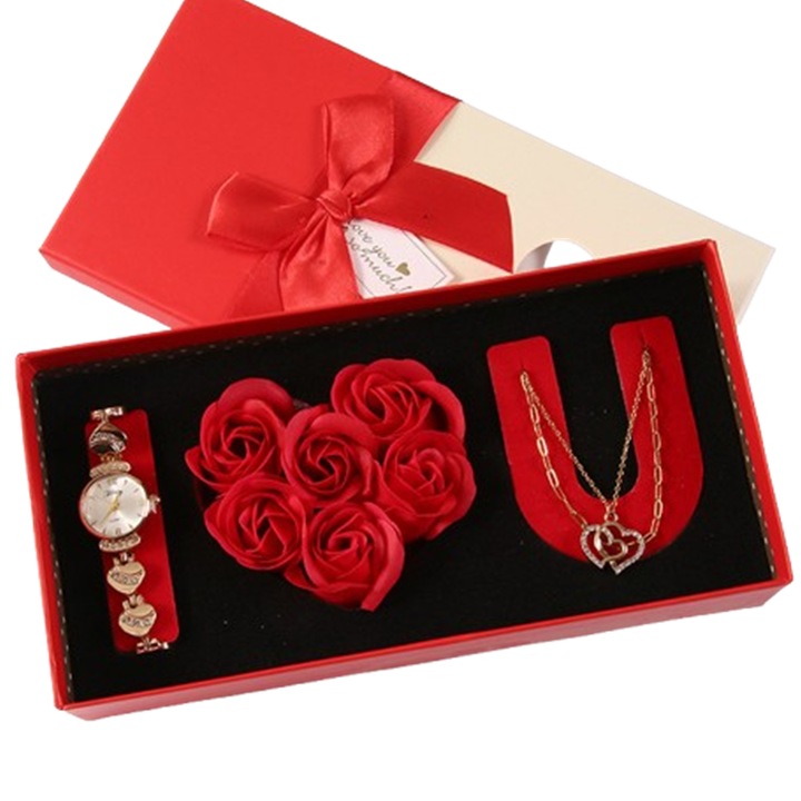 EZGETOP Дамски подаръчен комплект, Декоративна кутия за бижута с рози, Включва дамски часовник, Свети Валентин, Червен
