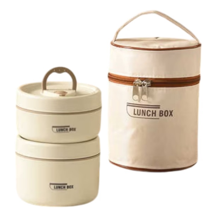 Set 2 caserole termice si geanta transport termica, capacitate 1040 ml, crem