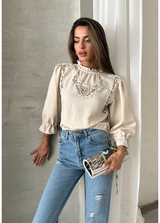 Bluza cu dantela - Crem, marimea L