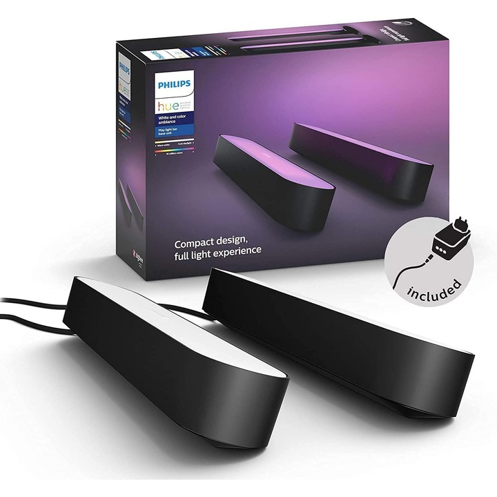 Set de Bază Philips Hue Play Lightbar, 2 buc, 500 Lm, reglabil, negru