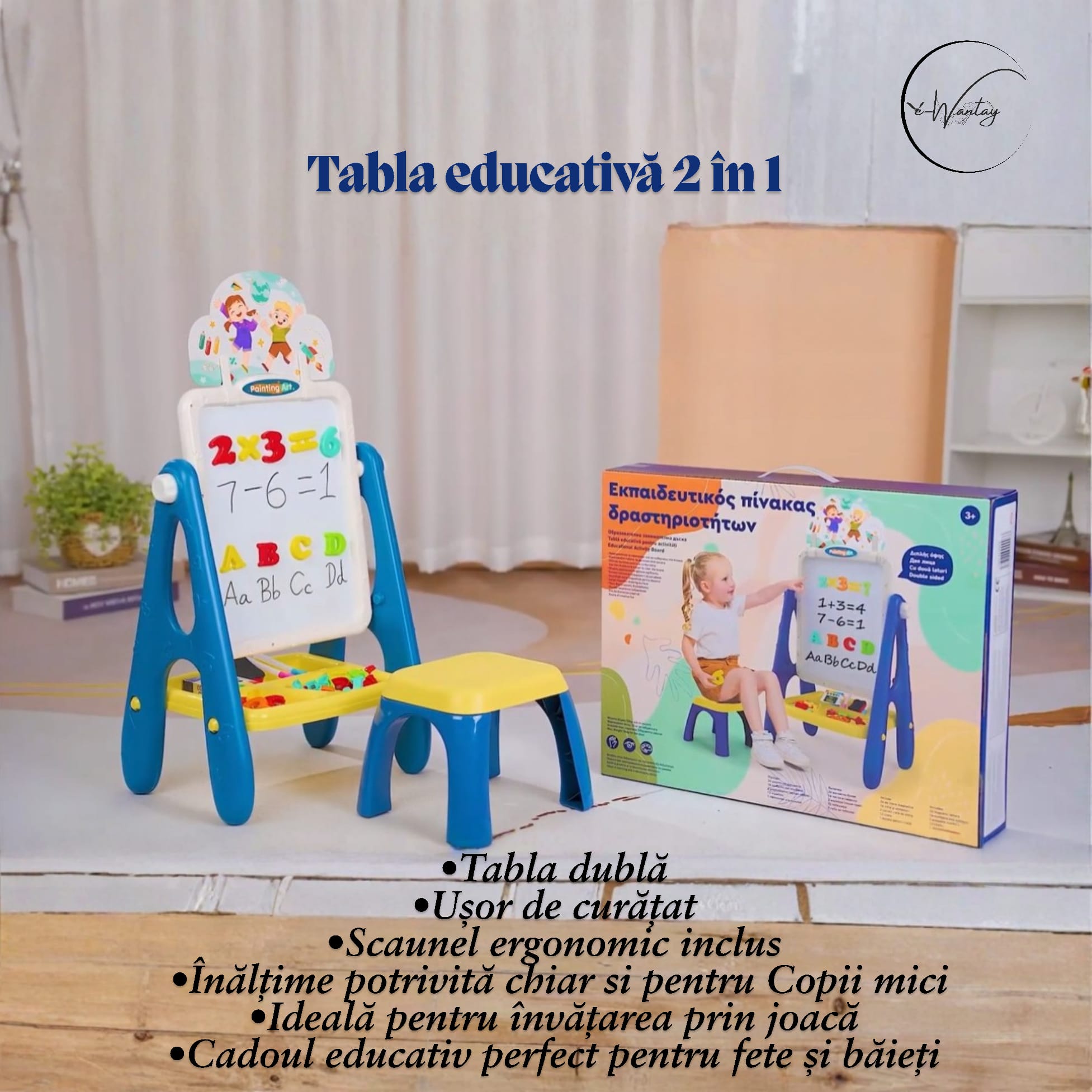 Tabla educativă magnetica 2 in 1 cu scaunel, e-Wantay, multicolor