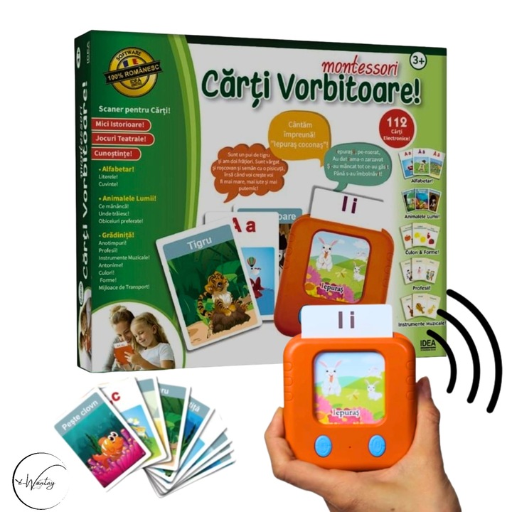 Joc de societate educativ electronic Carti Vorbitoare Montessori e-Wantay® – scaner audio interactiv + 112 carduri educative, invatare prin joc pentru copii prescolari