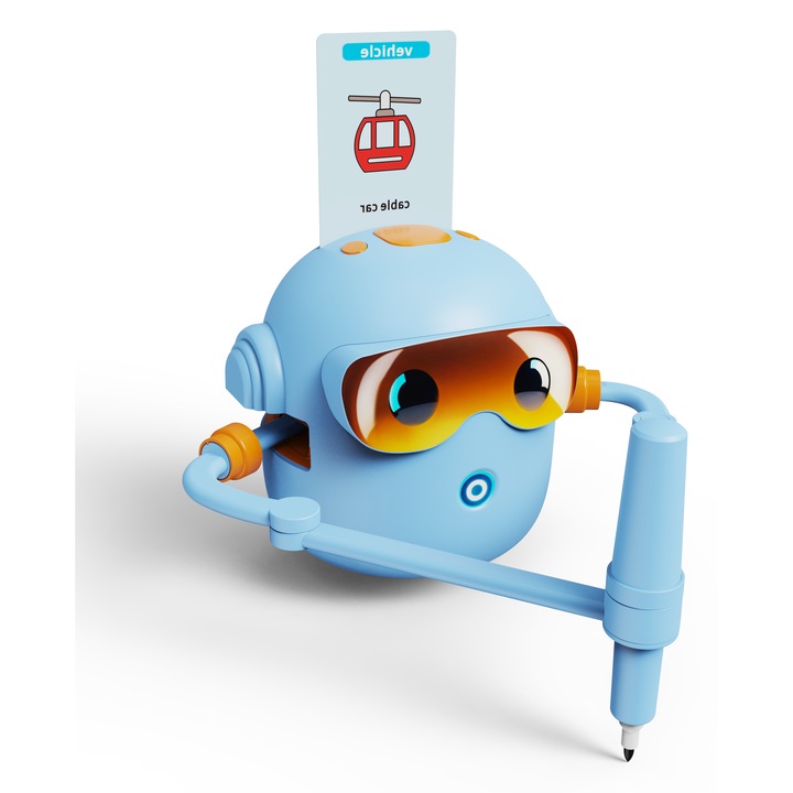 Robot Interactiv Educativ ZYTEQ®️, Montessori játék, zene, kék, 110x110x125mm, komplett szett 100 festőkártyával, kék