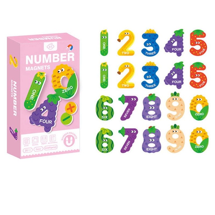 Set educativ 26 cifre și semne matematice magnetice, colorat, animal print, pentru copii 3+ ani, dimensiuni 6, 5x2, 5cm