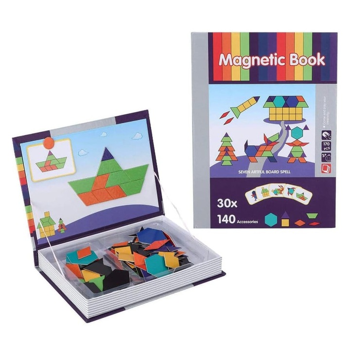 Carte magnetica educativa Tangram, 170 piese, 30 modele, forme geometrice colorate, 30x22cm