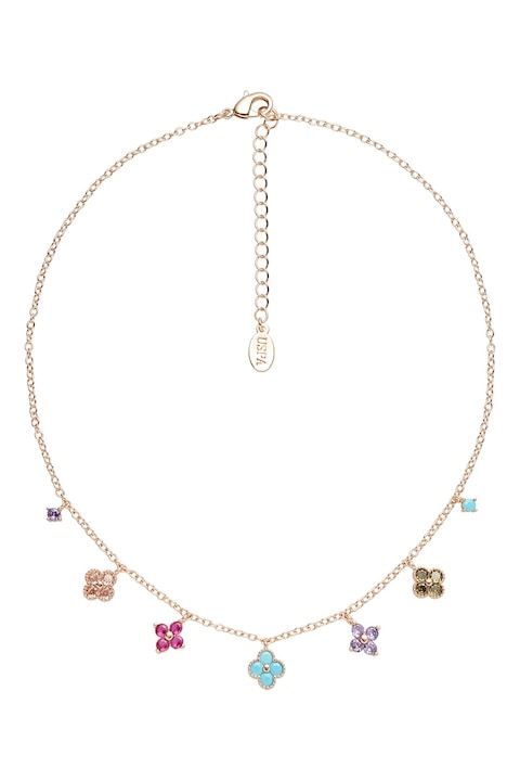 U.S. Polo Assn., Colier cu cristale si elemente florale, Auriu, Turcoaz, Lila