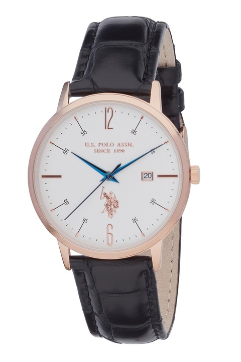 U.S. Polo Assn., Bőrszíjas kvarc karóra logóval a számlapon, Rózsaarany, Fekete