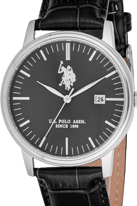 U.S. Polo Assn., Кварцов часовник с кожена каишка, Сребрист