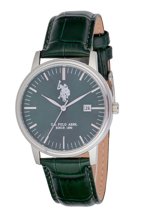 U.S. Polo Assn., Ceas quartz cu curea din piele, Argintiu, Verde marin