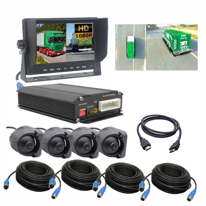Set sistem de vizionare 360 grade AHD cu monitor 7" HDMI, expert PRO, 4 camere, rezolutie 1080P, culoare neagra