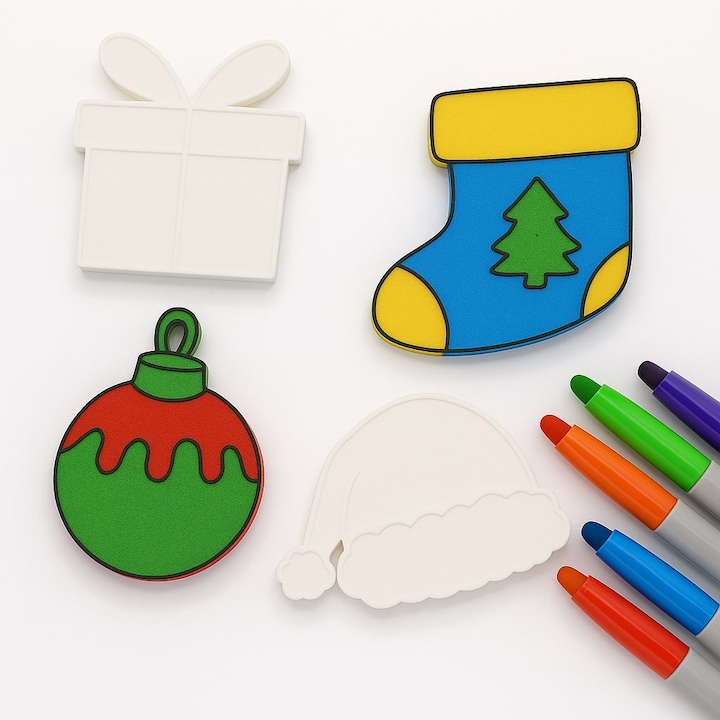 Set 4 forme Craciun de colorat 3D reutilizabile, cadou, glob, soseta, caciula, 5x5x0.25cm